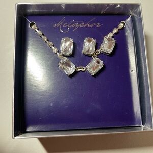 Metaphor Silver Tone Necklace Earring Set Clear Cubic Zirconia With Rhinestones